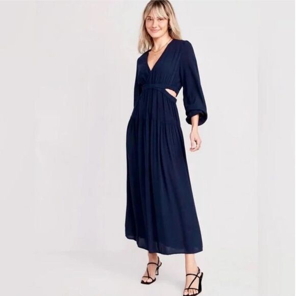 Old Navy Petite Blue Waist-Defined Crepe Side-Cutout Maxi Dress - Picture 1 of 7